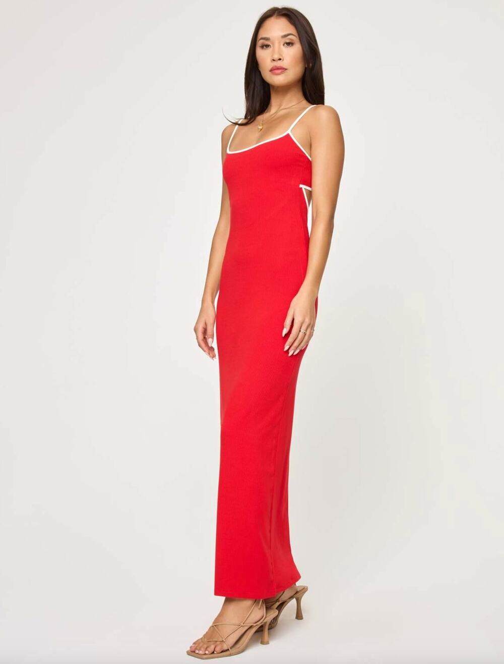 L*Space Jordana Ribbed Cut-Out Maxi Dress - Flame / Cream Red Size Small